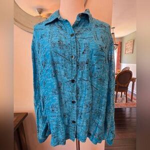 Chicos Design Size 1 Medium Artsy Button Front Silk Linen Blouse Top Turquoise